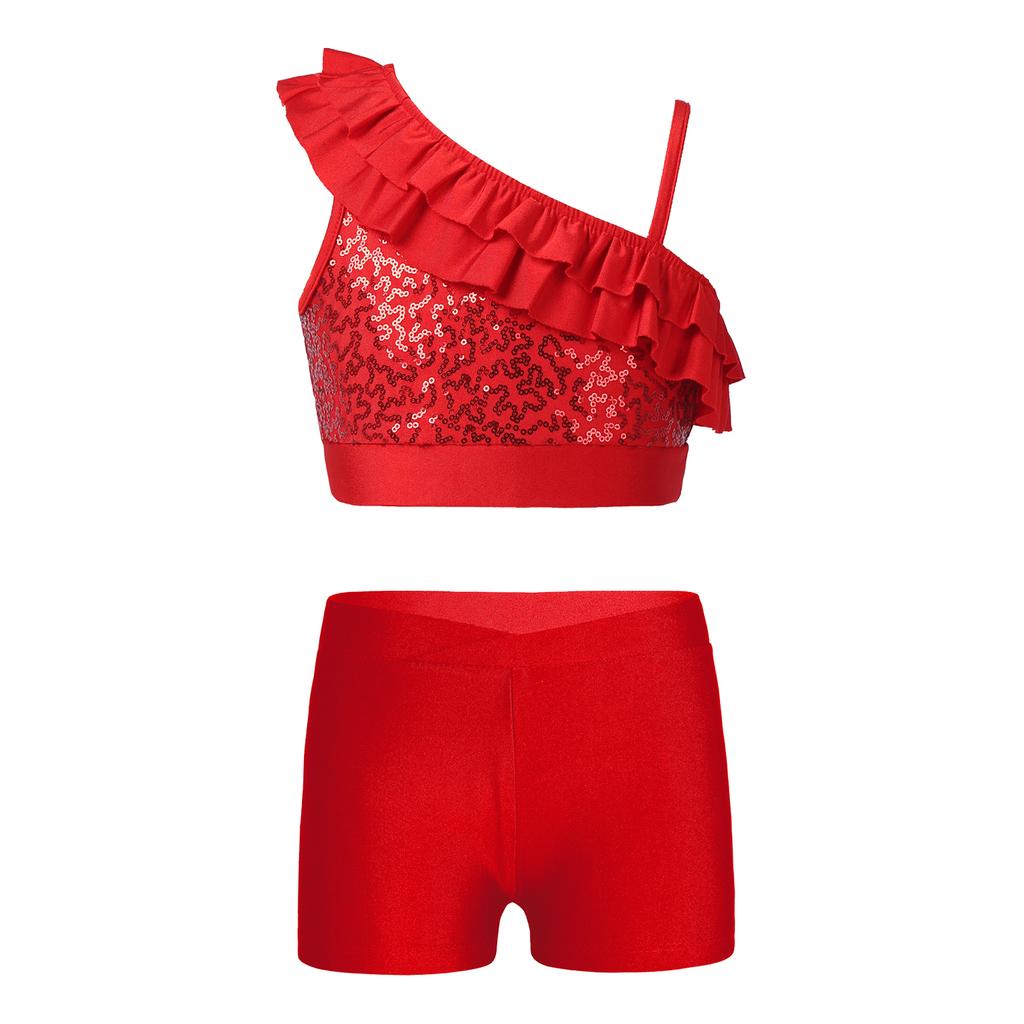 Dívčí Sequin Crop Top Set Asymetrické volánkové ramínka V-výstřih v přední části Pasové šortky Tanec Soutěž