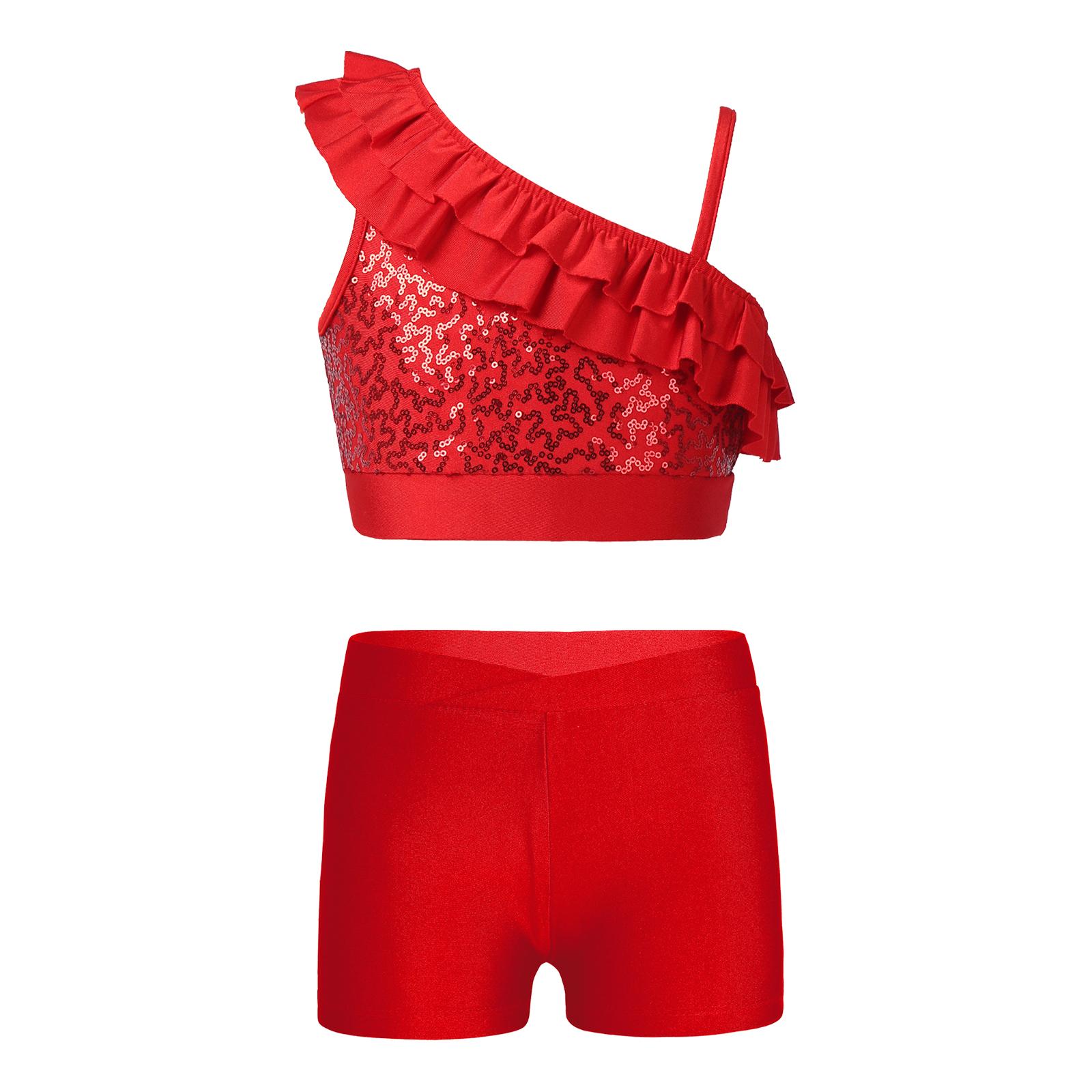 

Girls Sparkling Sequin Crop Top Ruffled Asymmetrical Straps V Waist Shorts Gymnastics Performance Costume 11-12 Years червоний