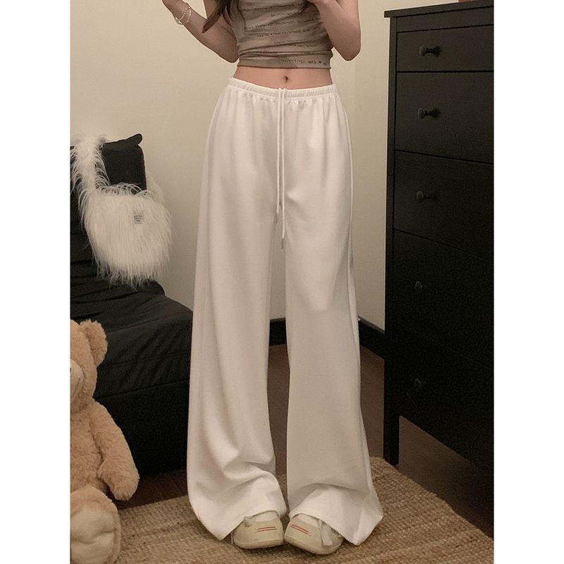 Kumikumi Idle Style Drawstring Casual Pants Straight-Leg Pants Women's Autumn Simplicity Loose White Wide Leg Pants Mop Pants
