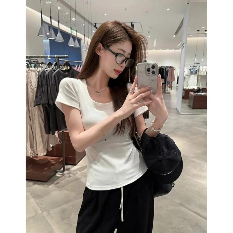 Damen Slim Fit Kurzarm T-Shirt Lässig U-Ausschnitt Einfarbig Basic Oberteil Weich Dehnbar Tägliches T-Shirt