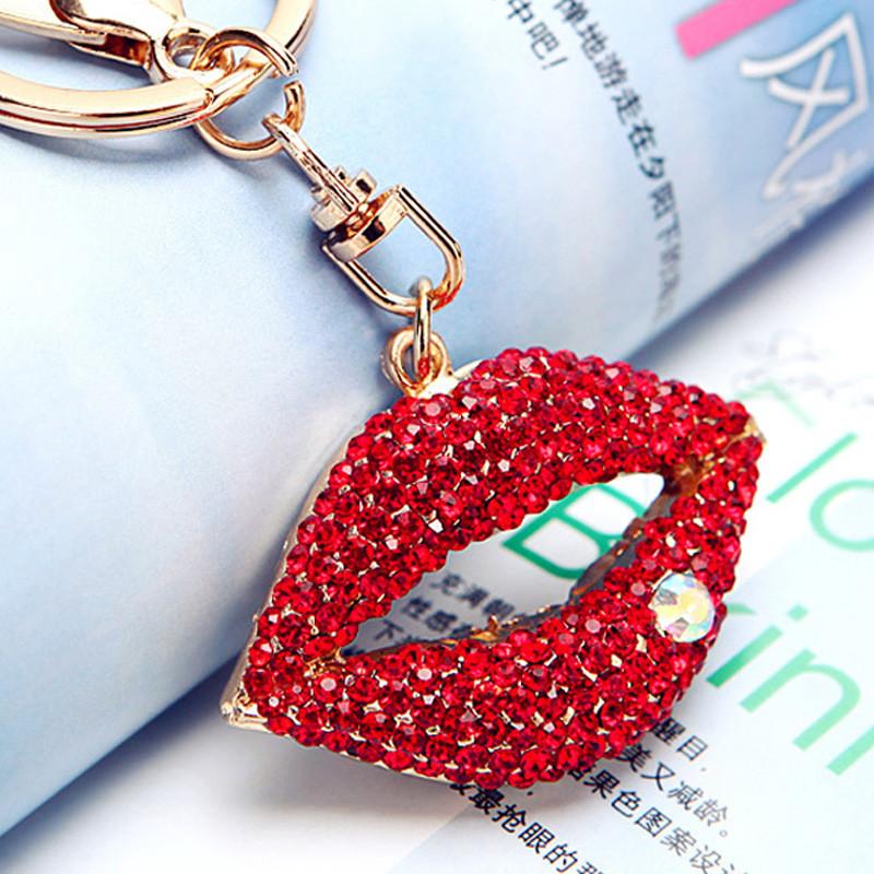Stunning Rhinestone Red Lip Metal Keychain Adorable Fashionable Car Key Holder