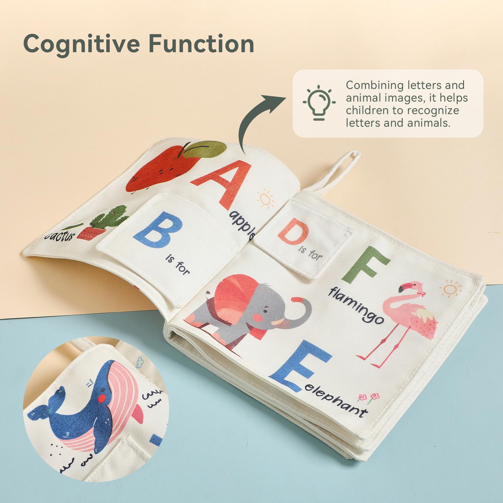 Sensory Cloth Book for Babies Chewproof & Washable Fabric Activity Book with Alphabet Numbers Animals Learning Toy for 6 Months