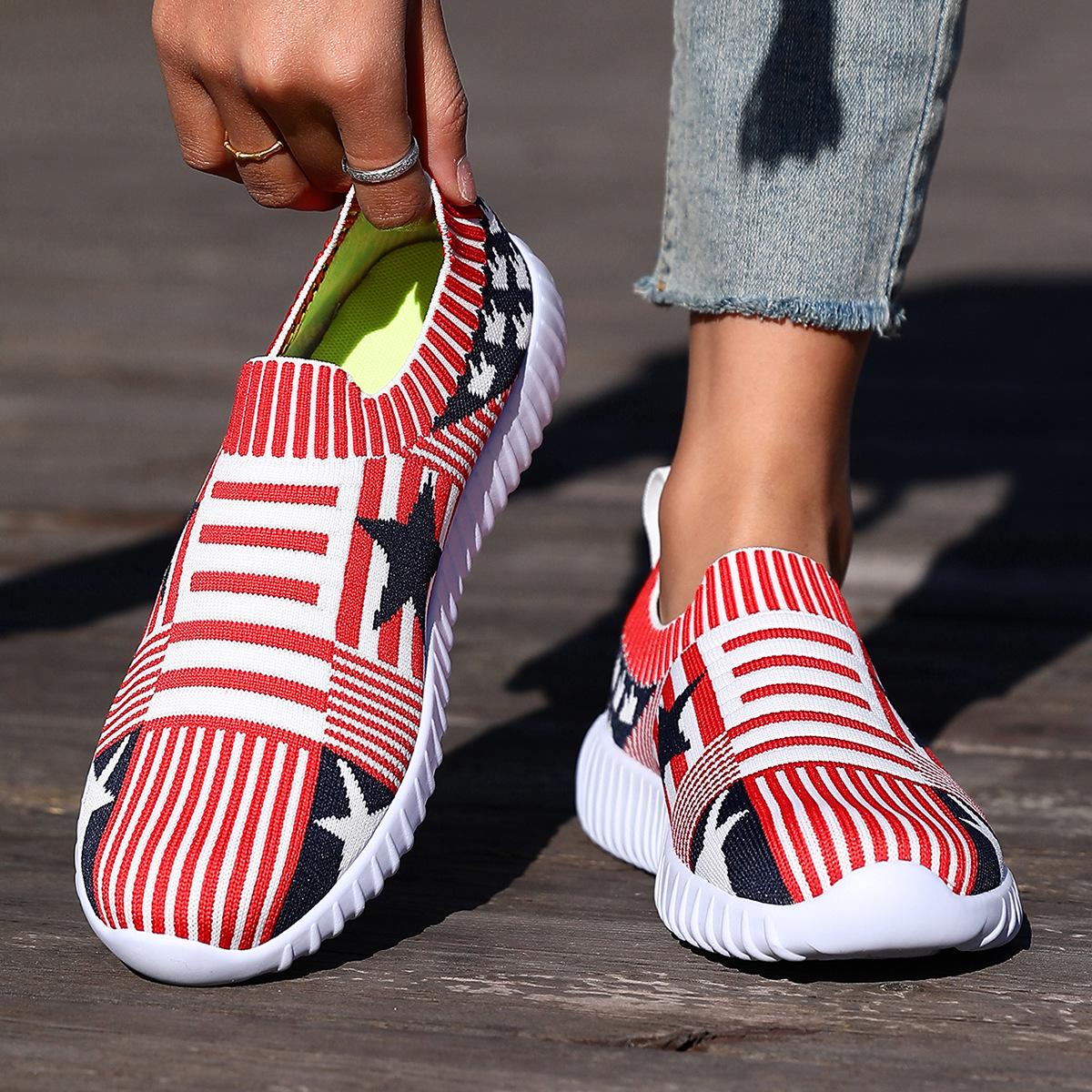 Women s American Flag Slip-On Flyknit Sneakers - Breathable Mesh Casual Shoes Size 36