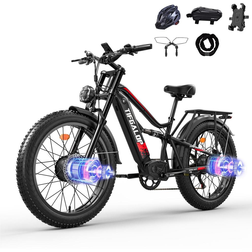TIFGALOP Adult Electric Bike, 26-inch Mountain Bike, 1500W Motor, 52V 21Ah Battery, 40-80 Km Range, Dual Shock Absorbers, Dual Drive