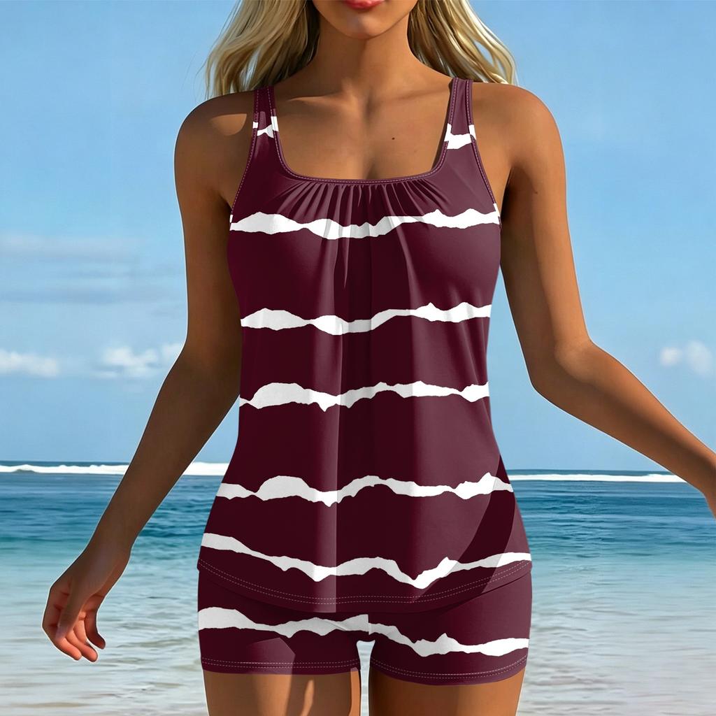 Women’s Striped Tankini Set with Square Neckline and Boyshorts Swimwear Two Piece Bathing Suit for Beach Pool