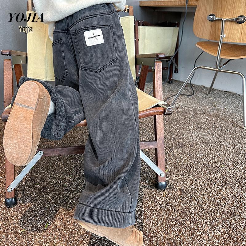 YOJIA 2024 Fleece-Lined Girls Jeans - Korean Style Winter Thickened Casual Pants 110cm чёрный