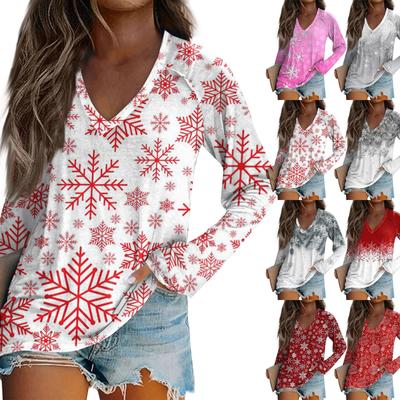 Women's Long Sleeved T-shirt V-neck Christmas Print Casual And Comfortable Top