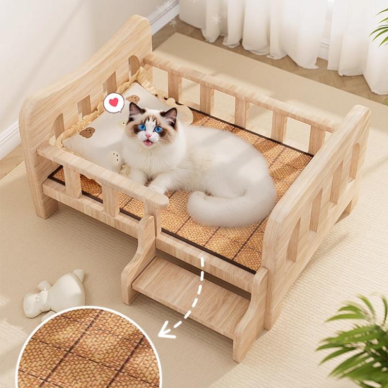 Solid Wood Dog Bed All-Season Pet House for Small & Medium Dog Teddy & Bichon Sleeping Sofa with Staircase Raised Dog House