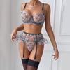 Transparent Lace Lingerie Embroidery Floral Garter Belt Lingerie Ultra Sexy Woman Exotic Lingerie Set