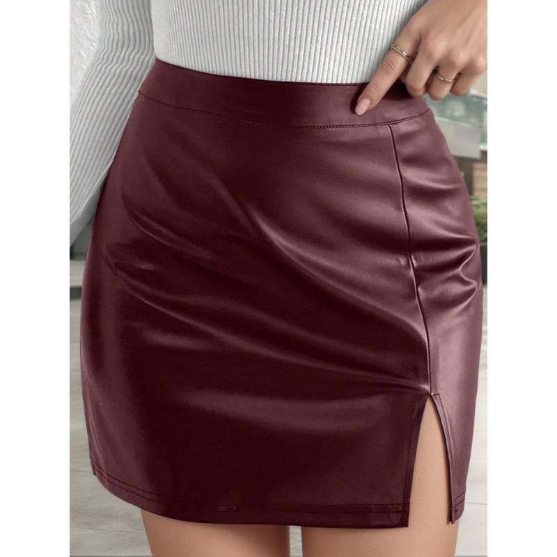 Autumn and Winter Fashion Glossy Sexy Hottie Slit Small A-swing High Waist Bag Hip PU Leather Miniskirt