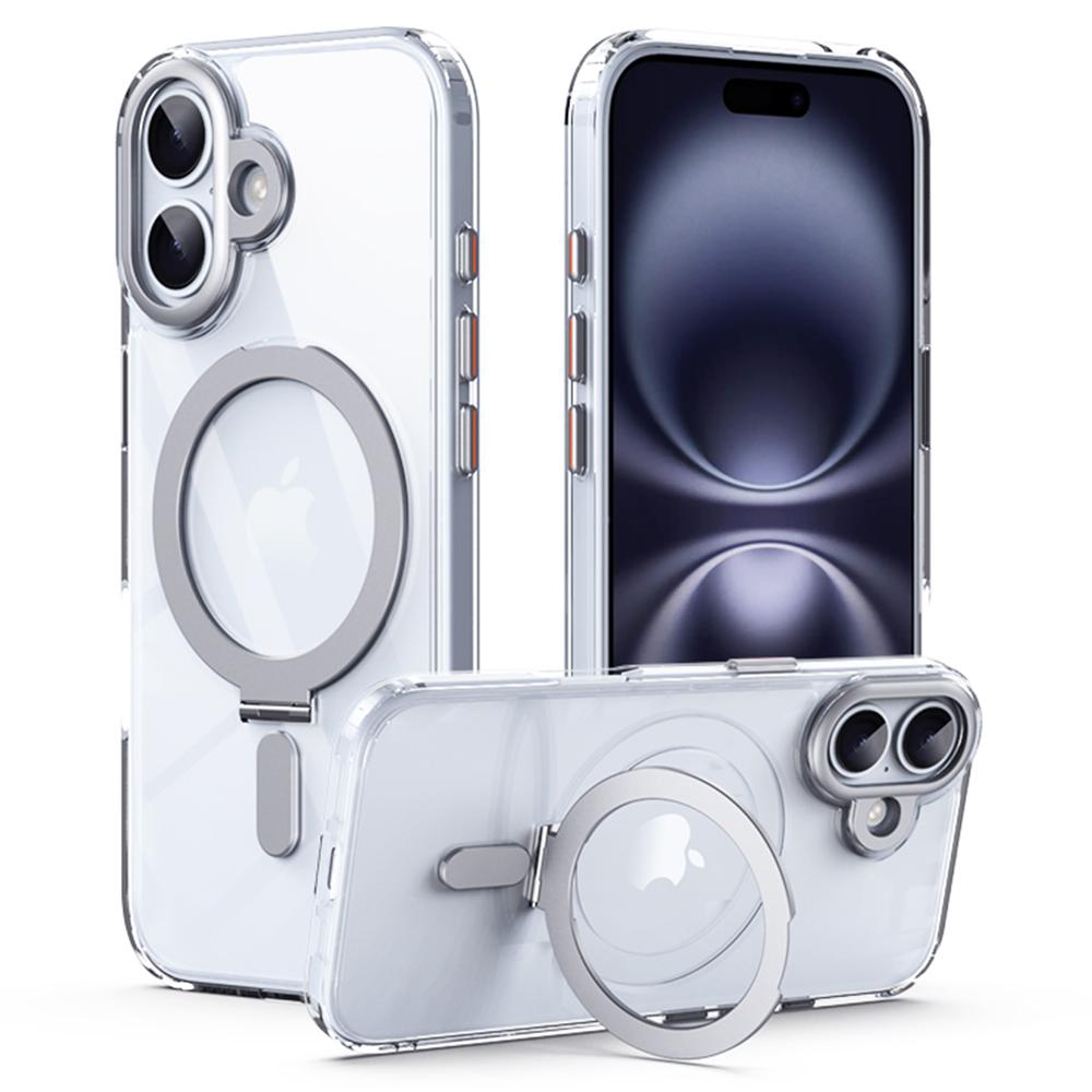 

For iPhone 17 Case TPU+Acrylic Hidden Magnetic Kickstand Phone Cover Transparent Silver