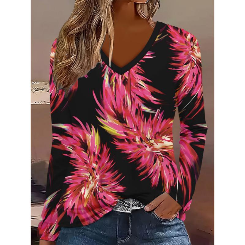 Übergröße Europäische und Amerikanische Mode 2025 Damen Elegantes V-Ausschnitt Langarm T-Shirt