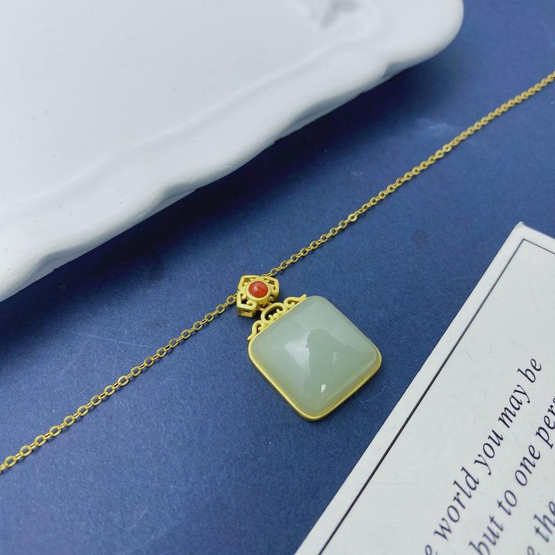 Chinese Ethnic Style S925 Sterling Silver Gold-Plated Hetian Jade Cloud Pendant Necklace