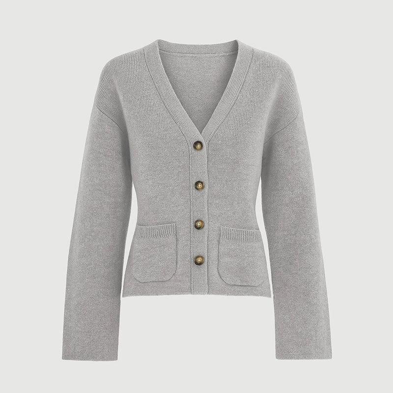 European and American  Station Autumn and Winter New Waist Knitted Cardigan Jacket V-neck Pocket Top Simple Sweater Women
