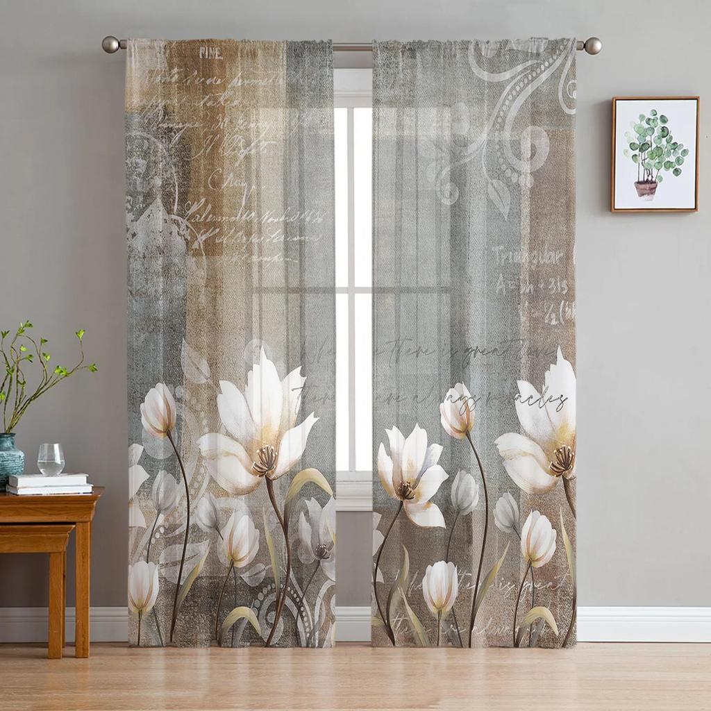 Rustic Vintage Tulip Flower Bird Sheer Curtains for Living Room Decoration Window Curtain Kitchen Tulle Voile Organza Drapes