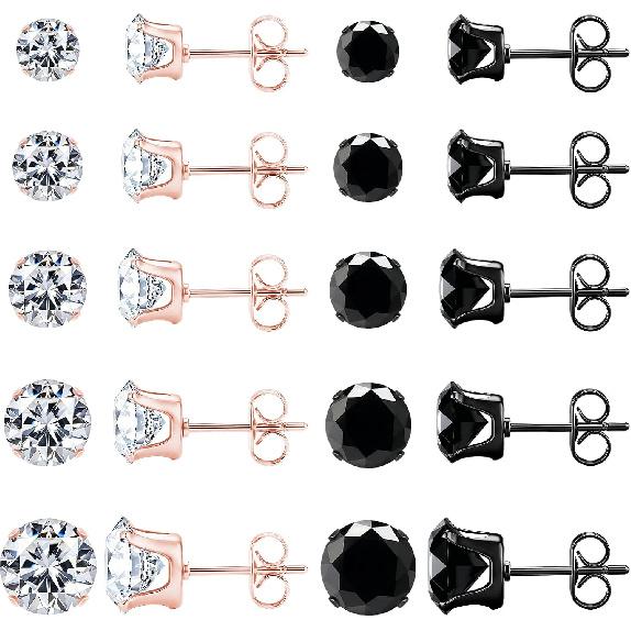 10 Pairs Stud Earrings for Men Women Hypoallergenic Stainless Steel Earrings Studs Clear Round CZ Earring Studs Cartilage Helix Tragus Earring Set