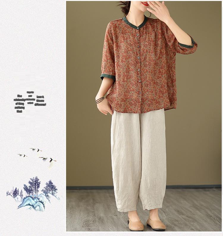 2026 Korean-Style Plus Size Slimming Retro Print Cotton-Linen Two-Piece Summer Set for Women