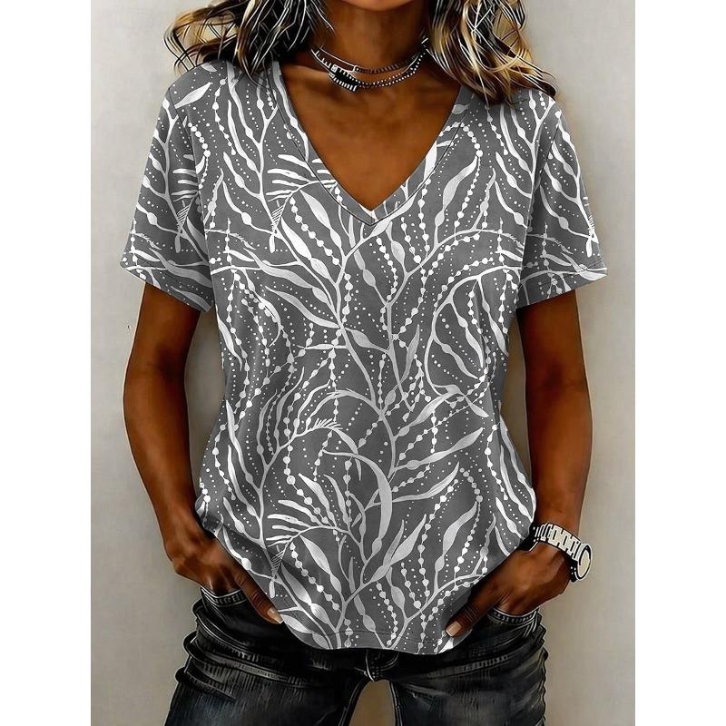 Women's T Shirt Print Graphic Plants Abstract Stylish Classic Casual Short Sleeve V Neck Regular Tops