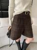 Sinan Retro British Plaid High-Waisted Wide-Leg Wool Shorts SN8521