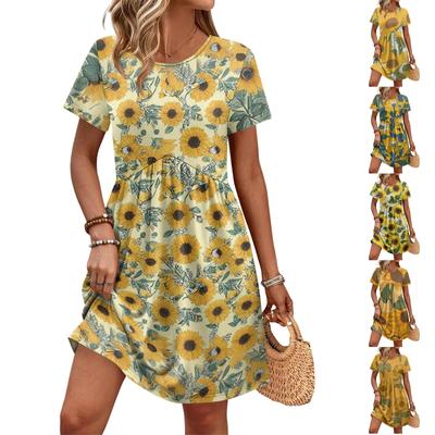 Dames Zomerjurk met Korte Mouwen, Ronde Hals, Zonnebloemprint, Casual Losse Pasvorm, Lichtgewicht Zachte Stof