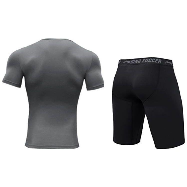 Li Ning Plain Round Neck Pullover Short Sleeve T-Shirt And Mid Waist Straight Leg Shorts Fitness Suit Men Activewear Gray Black YUDT059-3+YUST013-1