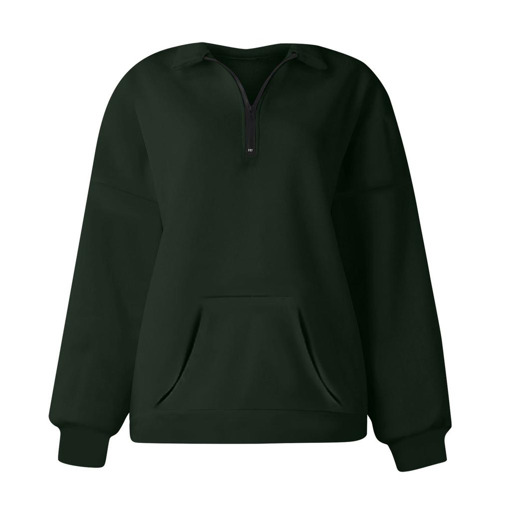 Women's Casual Fashion Long Sleeve Solid Color Zip Pocket Sweatshirt Top