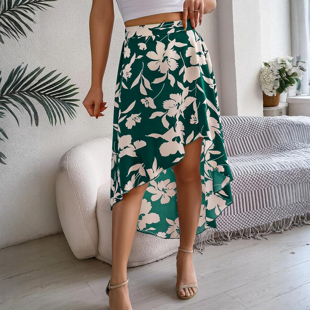 Women's Fashionable Floral Print Elastic Waist Ruffle Edge Mid Length Irregular Skirt