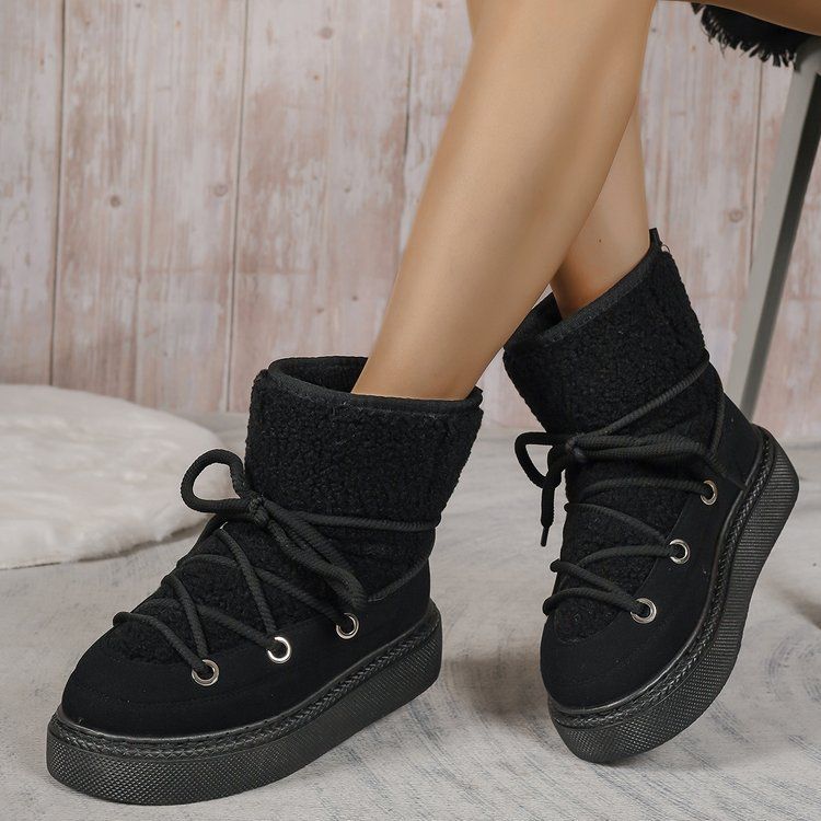 Women's Mid-Calf Winter Boots - Over-the-Knee Warm Boots Plus Size with Thick Sole Design Cross-Strap Snow Boots