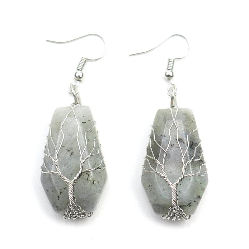 Handmade Silver Winding Tree Of Life Natural Stone Crystal Agate Coffin Plate Earrings Earrings E23