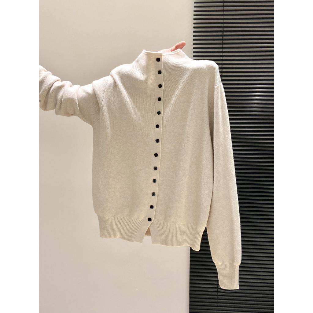 Autumn and Winter Single-breasted Long-sleeved Semi-turtleneck Top Temperament Women's Long-sleeved Cardigan Jacket Wool Knitted Sweater
