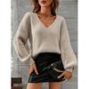 Womens V-Neck Knit Sweater Long Sleeve Loose Fit Solid Color Casual Pullover Office Daily Wear