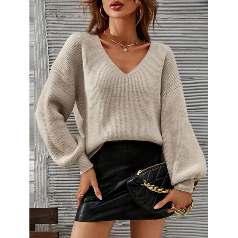 Womens V-Neck Knit Sweater Long Sleeve Loose Fit Solid Color Casual Pullover Office Daily Wear