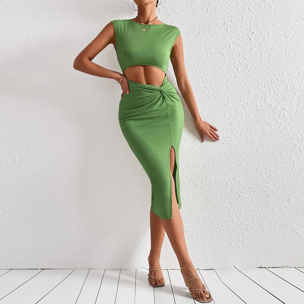 Women s 2026 new sexy hollow hip-wrapped knitted sleeveless temperament European and American dress S