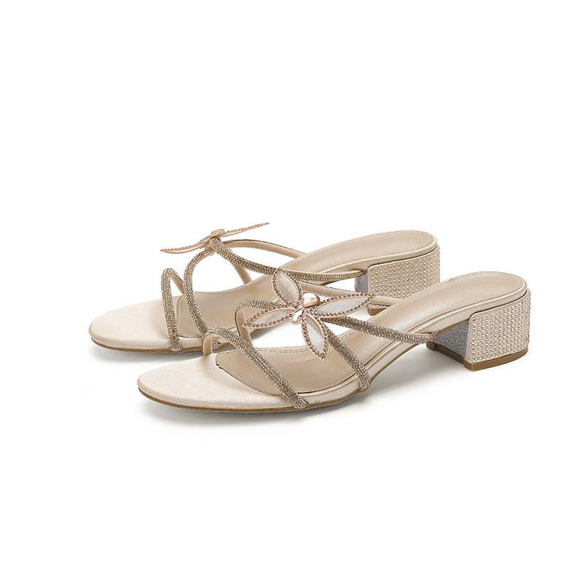 2025 Summer New Stiletto Sandals Fairy Fairy Wind Round Head Rhinestone High Heels Bow Sweet Thick Heel Sandals