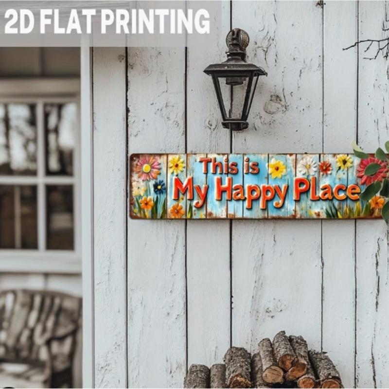 Happy Place Metal Wall Hanging Sign Garden Decors Florals Pattern Plaque For Family Gatherings And Festives Event