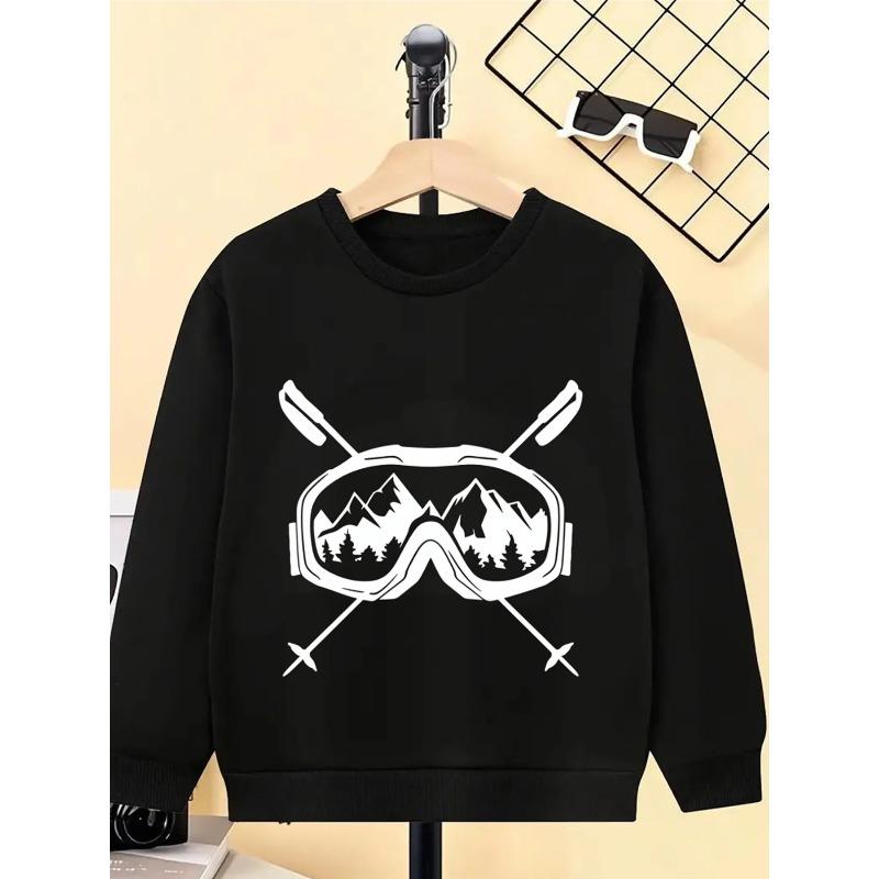 Kids Unisex Crewneck Sweatshirt, Ski Goggles Mountain Forest Ski Poles Black Line Art Print Soft Fleece Pullover For Kids Over 4 Years Old