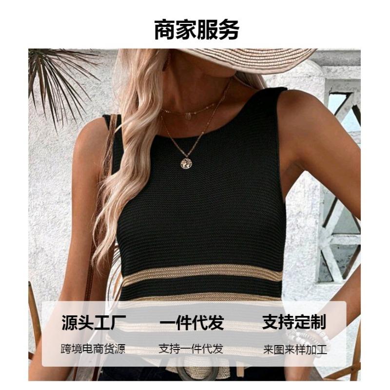 Women Striped Color Block Sleeveless Knit Casual Long Vest Tank Top