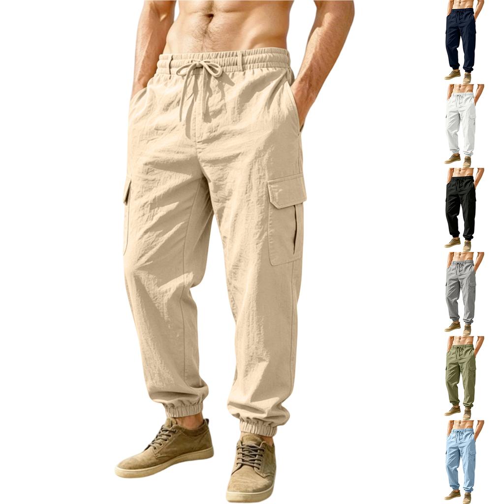 Men's Lightweight Cotton Linen Cargo Pants Loose Fit Multi Pocket Jogger Style Elastic Waistband Drawstring Adjustable Ankle Cuffs