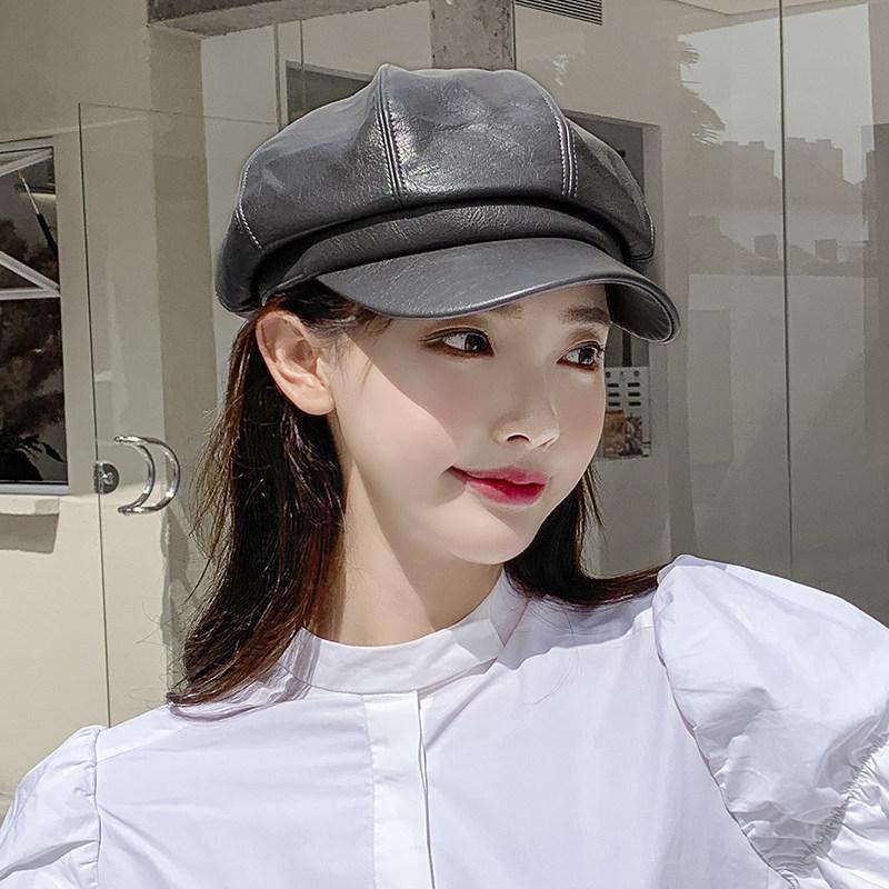 

Pu leather star anise hat autumn British tide spring and autumn fashion versatile leather hat duck tongue beret average size (56-58cm) темно-сірий