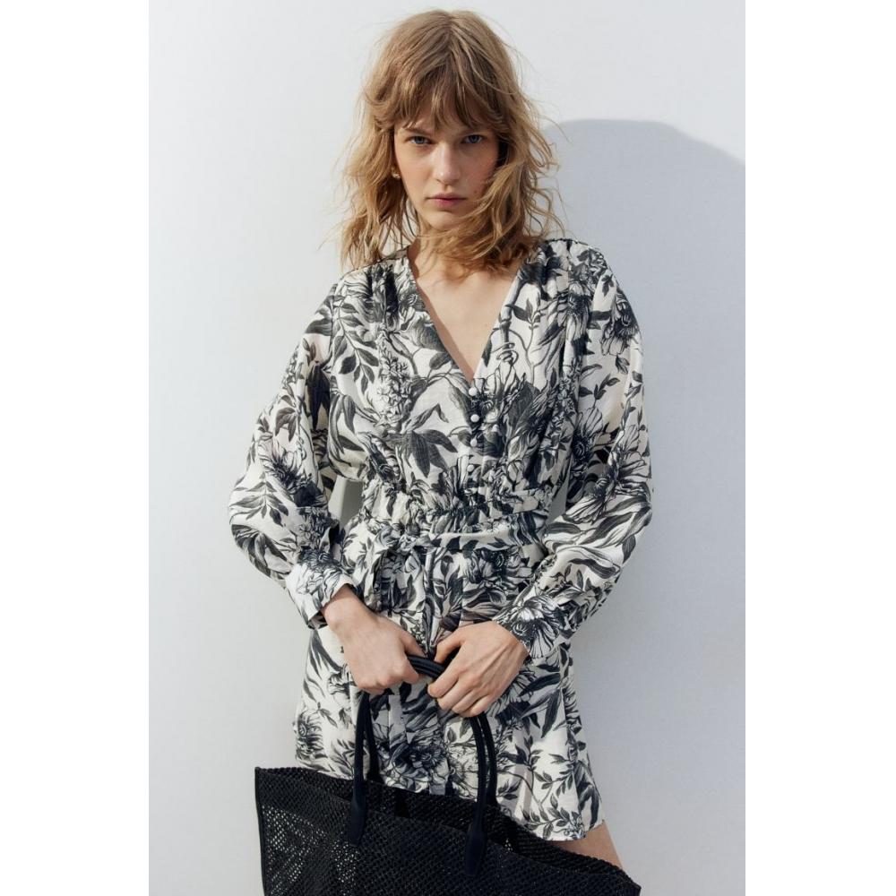 

H M Belted dress white grey floral