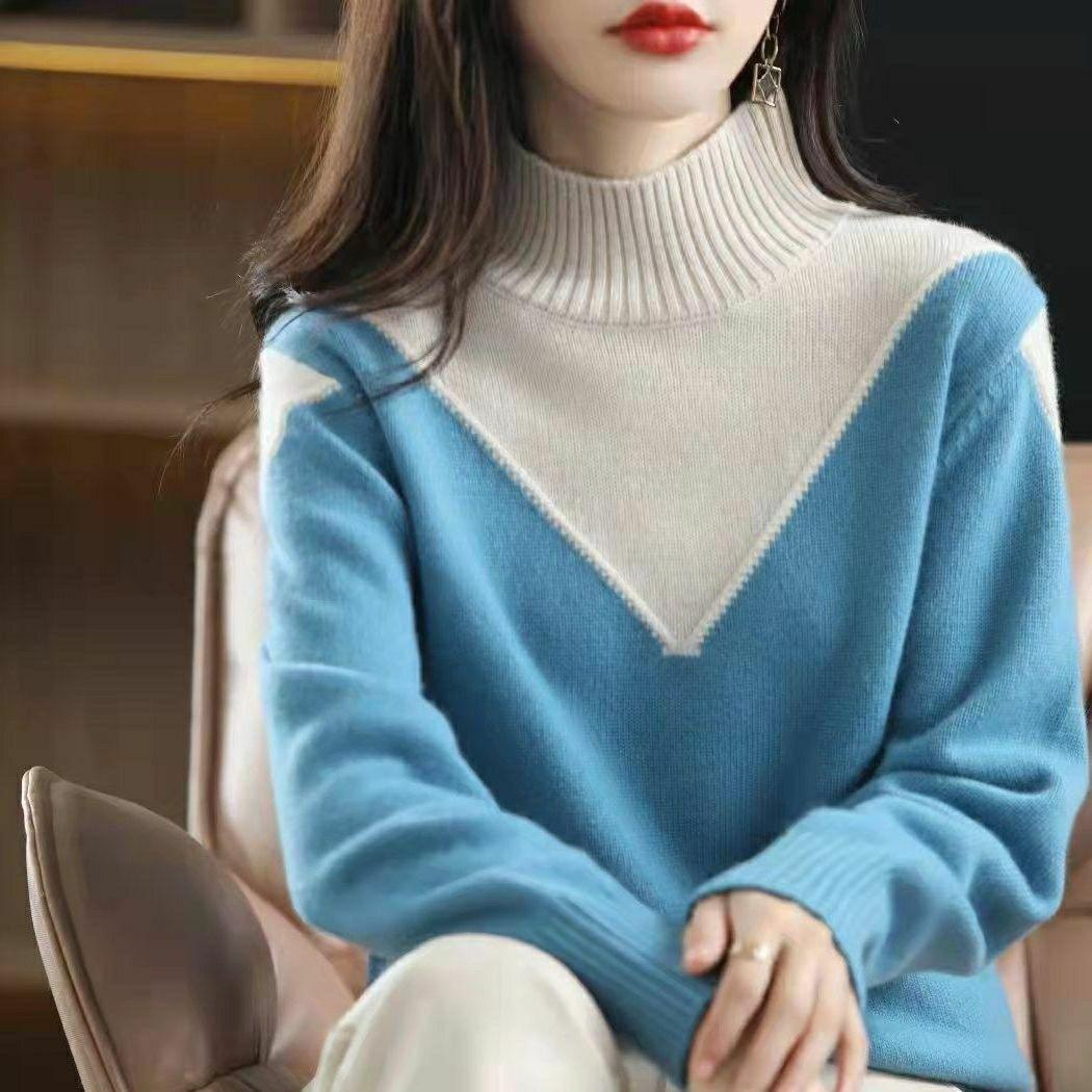 

Осінньо-зимова мода з напіввисоким коміром Французька мода на зрощення Універсальні вільні та тонкі жіночі светри 2XL синій