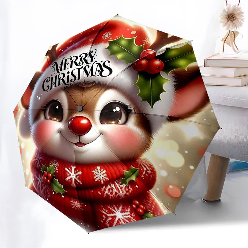 

1pc Merry Christmas! Festive Reindeer Hat with Holly Berries Automatic Opening Umbrella with Foldable Design, 8-Iron Frame- Perfect for Outdoor Use, T