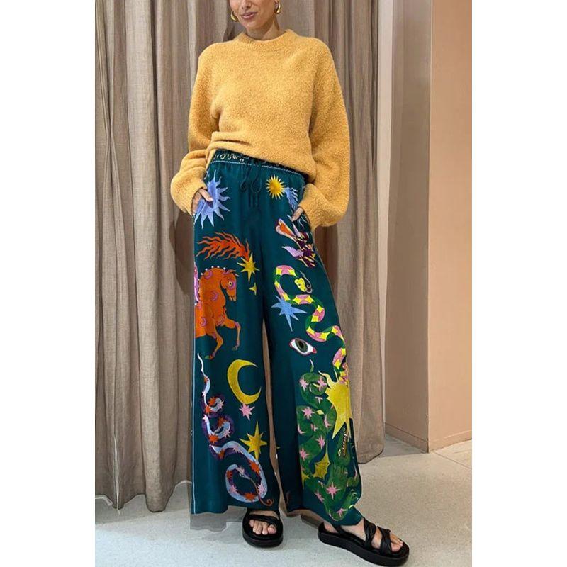 

Cross-Border Foreign Trade Independent Station New Fashion 2023 Summer Casual Women s Clothing Print Straight-Leg Pants Elastic Waist Casual Pants Blue S