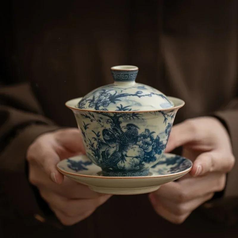 Birds Ru Yao Porcelain Gaiwan Set For Tea Tureen Teaware Cup Chinese Blue Bowls Chawan Tea Ceremony Set Deng'S