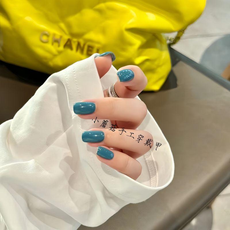 

White Fancy Solid Color Handmade Wear Armor Minimalist Cold Sea Salt Spray Blue Nail Stickers Girlish Style Nail Shaped Piece Sea salt fog blue XS code medium square