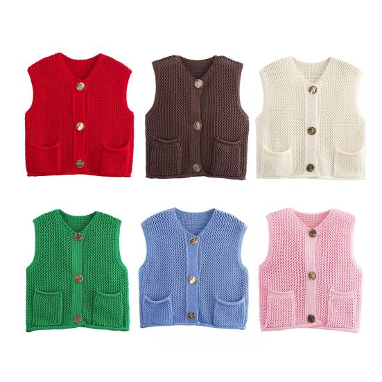 Women Knitting Vest V-Neck Sleeveless Single-Breasted Pocketed Knitting Waistcoat Versatile Solid Color Knitwear