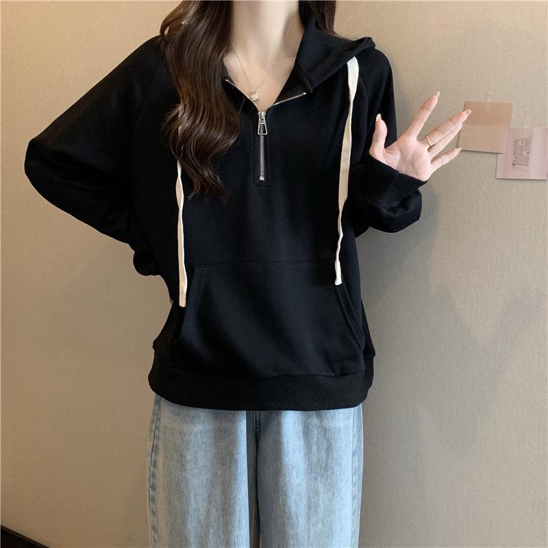 Women's Thin Half-Zip Hooded Sweatshirt - Loose Fit, Long Sleeve, Plus Velvet, Trendy Style for Spring, Autumn, Winter 2023