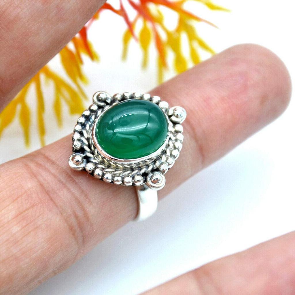 Natural Green Onyx Ring With Gemstone 925 Sterling Silver Ring Handmade Stone Solid Boho Chic Stone Jewelry for Women - 5.77 Gms