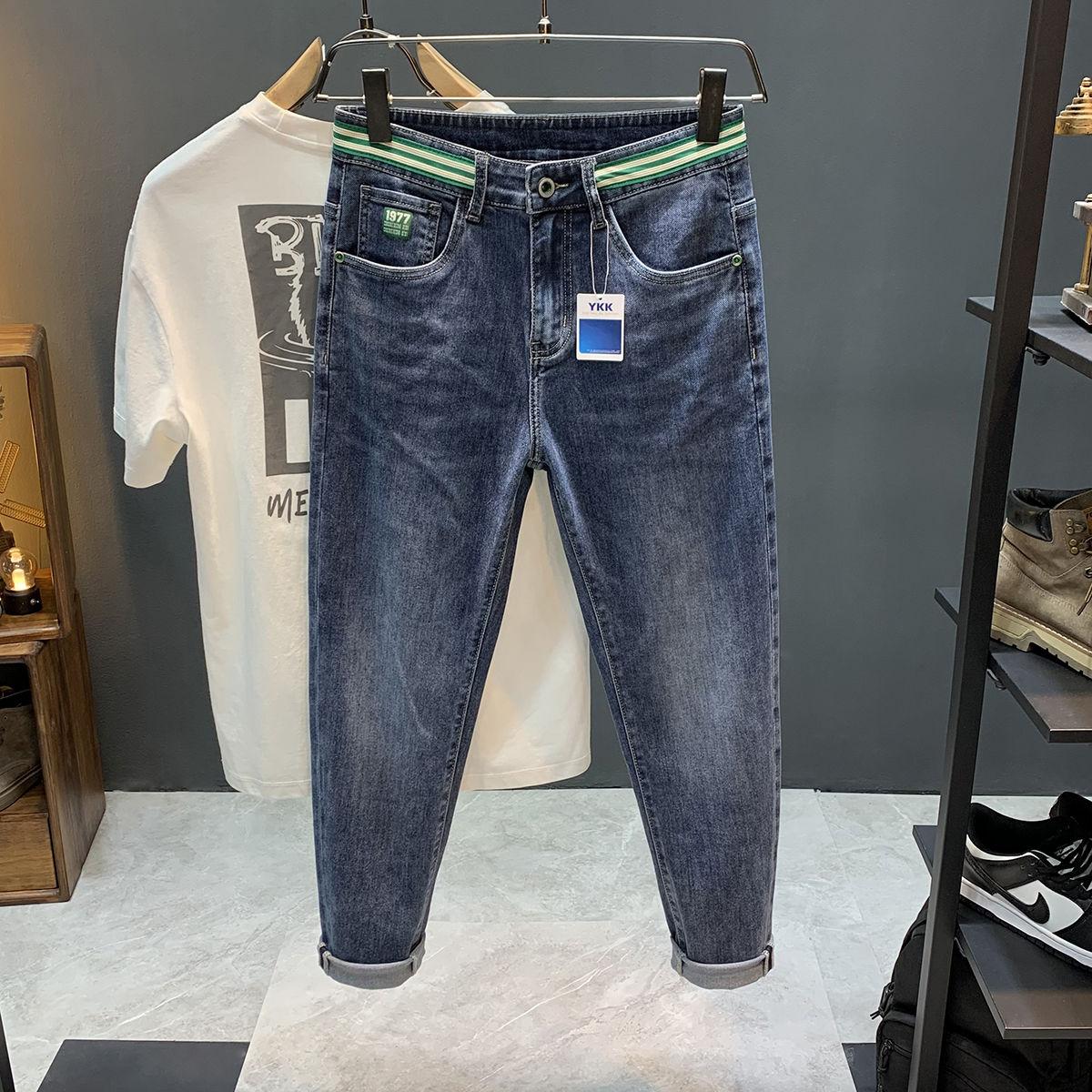 

Мужские джинсы 2025 Модный бренд Вышивка Принт Стрейч Корейский стиль Слегка расклешенные Зауженные Скинни Брюки Универсальные Повседневные брюки 34 синий