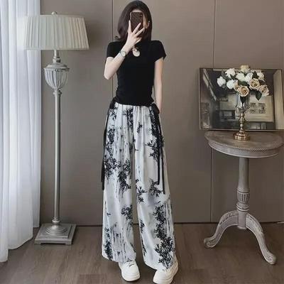 2024 Summer Ice Silk Wide-Leg Pants: Chinese Style, High-Waisted, Slim Fit, Casual, and Cool